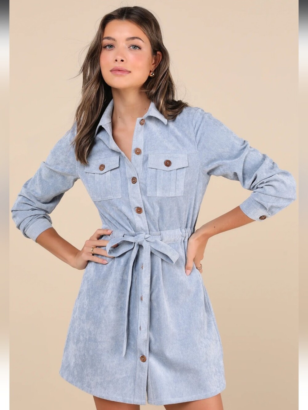 Lulus Simple Affection Blue Corduroy Mini Dress With Pockets Small NWT - Picture 4 of 8